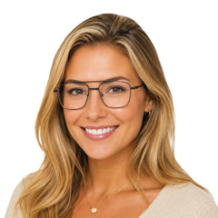 Woman wearing OS Fashion Style 22014 rectangular double bridge metal prescription eyeglasses in gunmetal