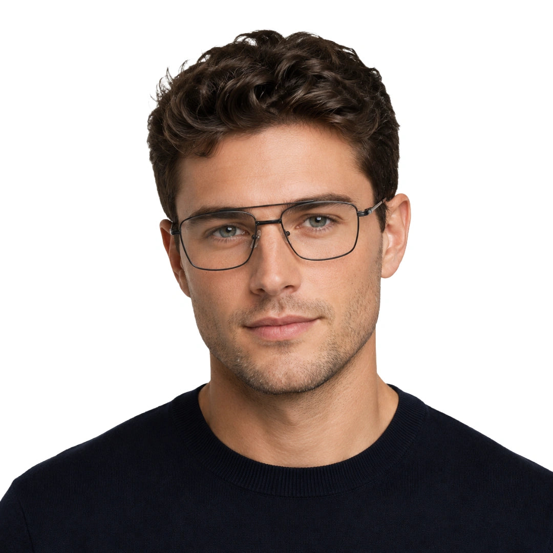 Man wearing OS Fashion Style 22014 rectangular double bridge metal prescription eyeglasses in gunmetal