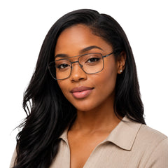 Woman wearing OS Fashion Style 22014 rectangular double bridge metal prescription eyeglasses in gunmetal, front view