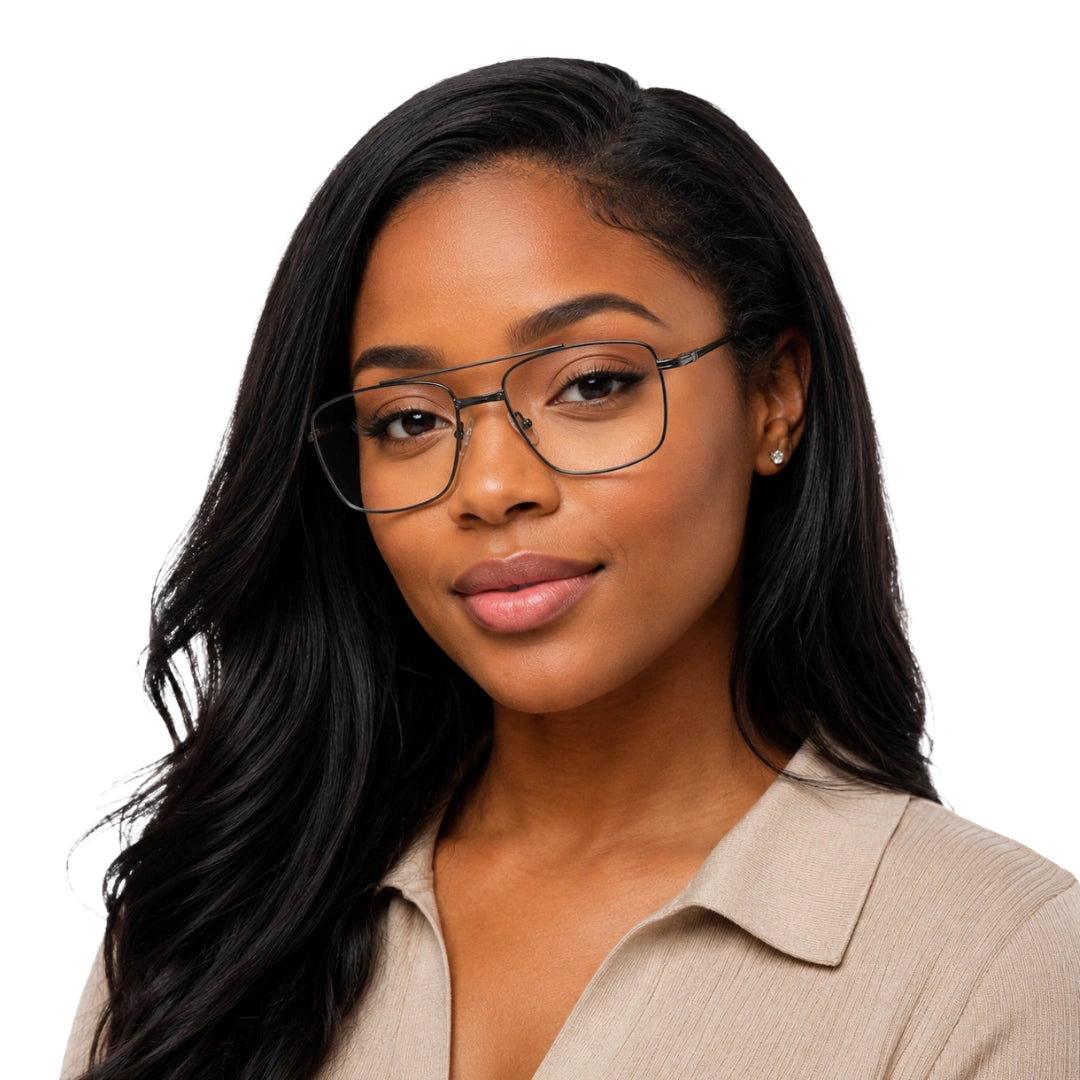 Woman wearing OS Fashion Style 22014 rectangular double bridge metal prescription eyeglasses in gunmetal, front view