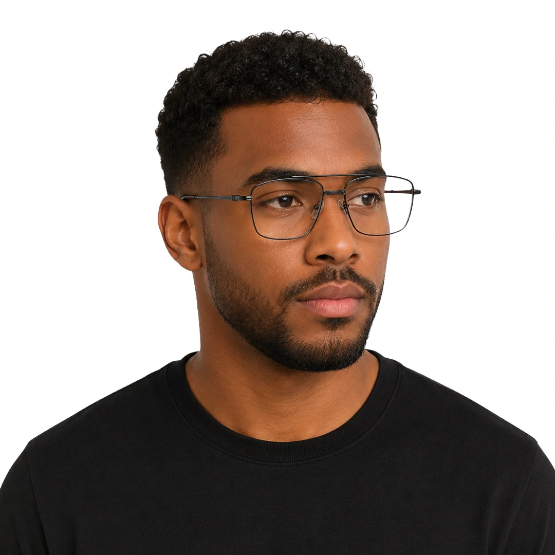 Man wearing OS Fashion Style 22014 rectangular double bridge metal prescription eyeglasses in gunmetal, front view