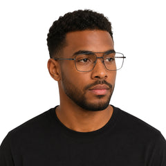 Man wearing OS Fashion Style 22014 rectangular double bridge metal prescription eyeglasses in gunmetal, front view