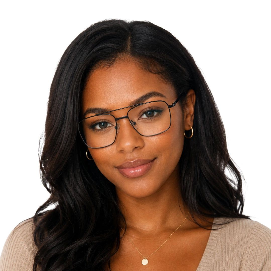 Woman wearing OS Fashion Style 22014 rectangular double bridge metal prescription eyeglasses in matte black
