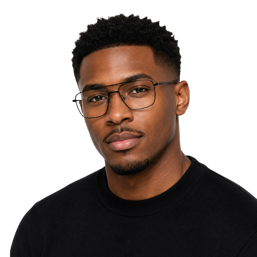 Man wearing OS Fashion Style 22014 rectangular double bridge metal prescription eyeglasses in matte black