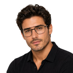 Woman wearing OS Fashion Style 22014 rectangular double bridge metal prescription eyeglasses in matte black, front view