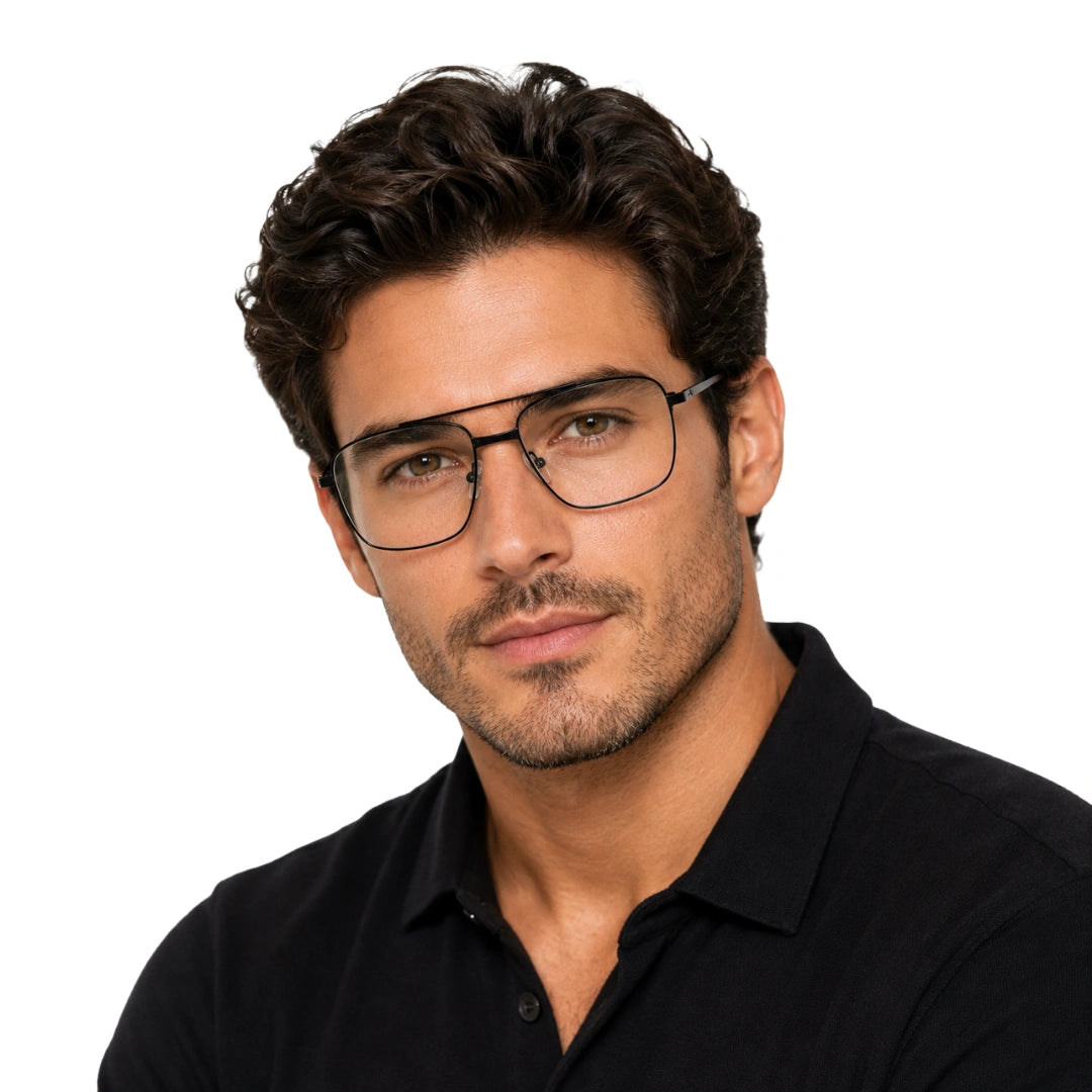 Woman wearing OS Fashion Style 22014 rectangular double bridge metal prescription eyeglasses in matte black, front view