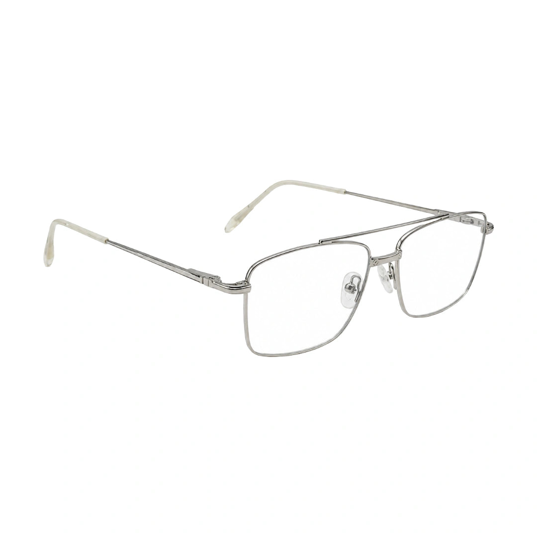 OS Fashion Style 22014 rectangular double bridge metal prescription eyeglasses in silver, angled view