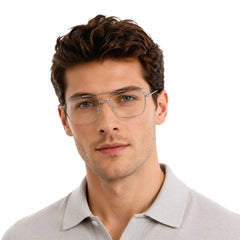 Man wearing OS Fashion Style 22014 rectangular double bridge metal prescription eyeglasses in silver
