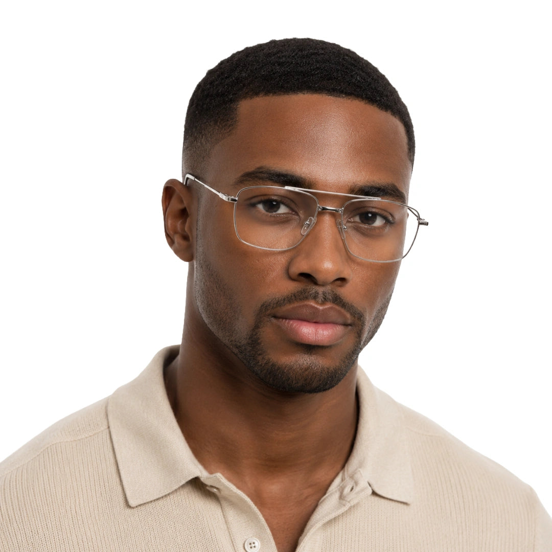 Man wearing OS Fashion Style 22014 rectangular double bridge metal prescription eyeglasses in silver, front view