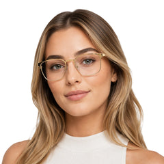 Woman wearing OS Fashion Style 22015 professional clubmaster optical frame in gold
