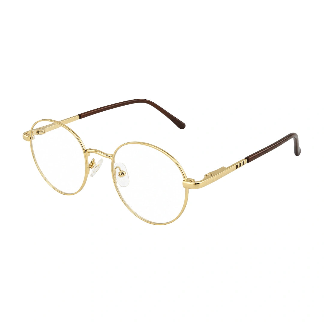 OS Fashion Style 22019 classic circular prescription eyeglasses in gold, three-quarter angled view