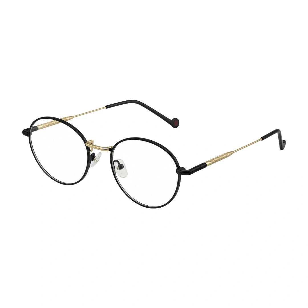 OS GLADIATOR 10002 oval round metal prescription eyeglasses for men and women in black and gold, three-quarter angled view