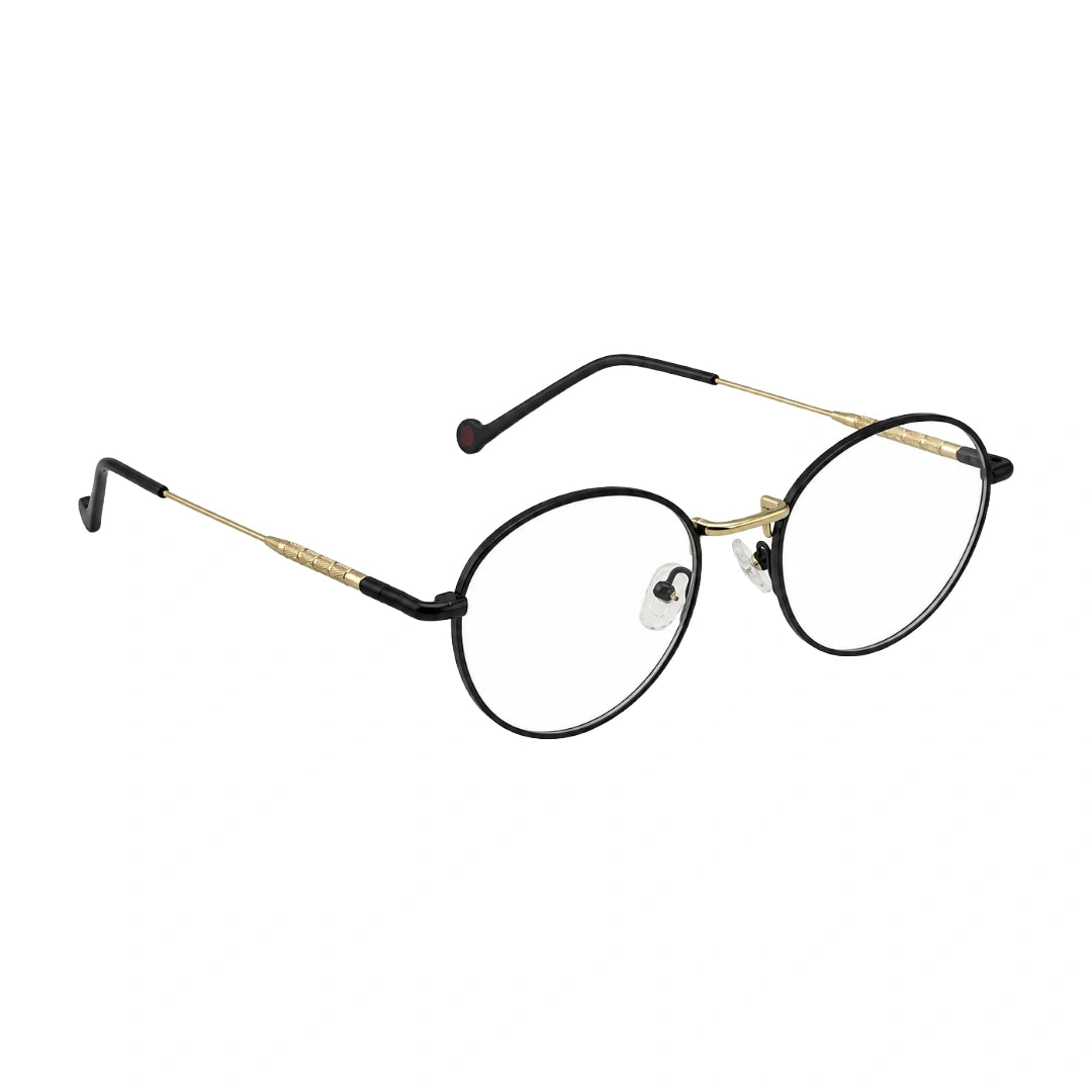 OS GLADIATOR 10002 oval round metal prescription eyeglasses for men and women in black and gold, angled view