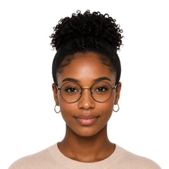 Woman wearing OS GLADIATOR 10002 oval round metal prescription eyeglasses for men and women in black and gold
