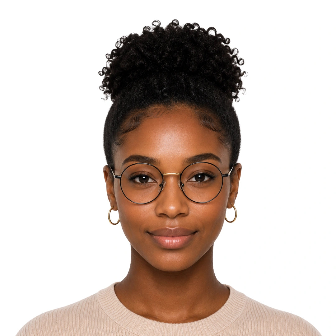 Woman wearing OS GLADIATOR 10002 oval round metal prescription eyeglasses for men and women in black and gold