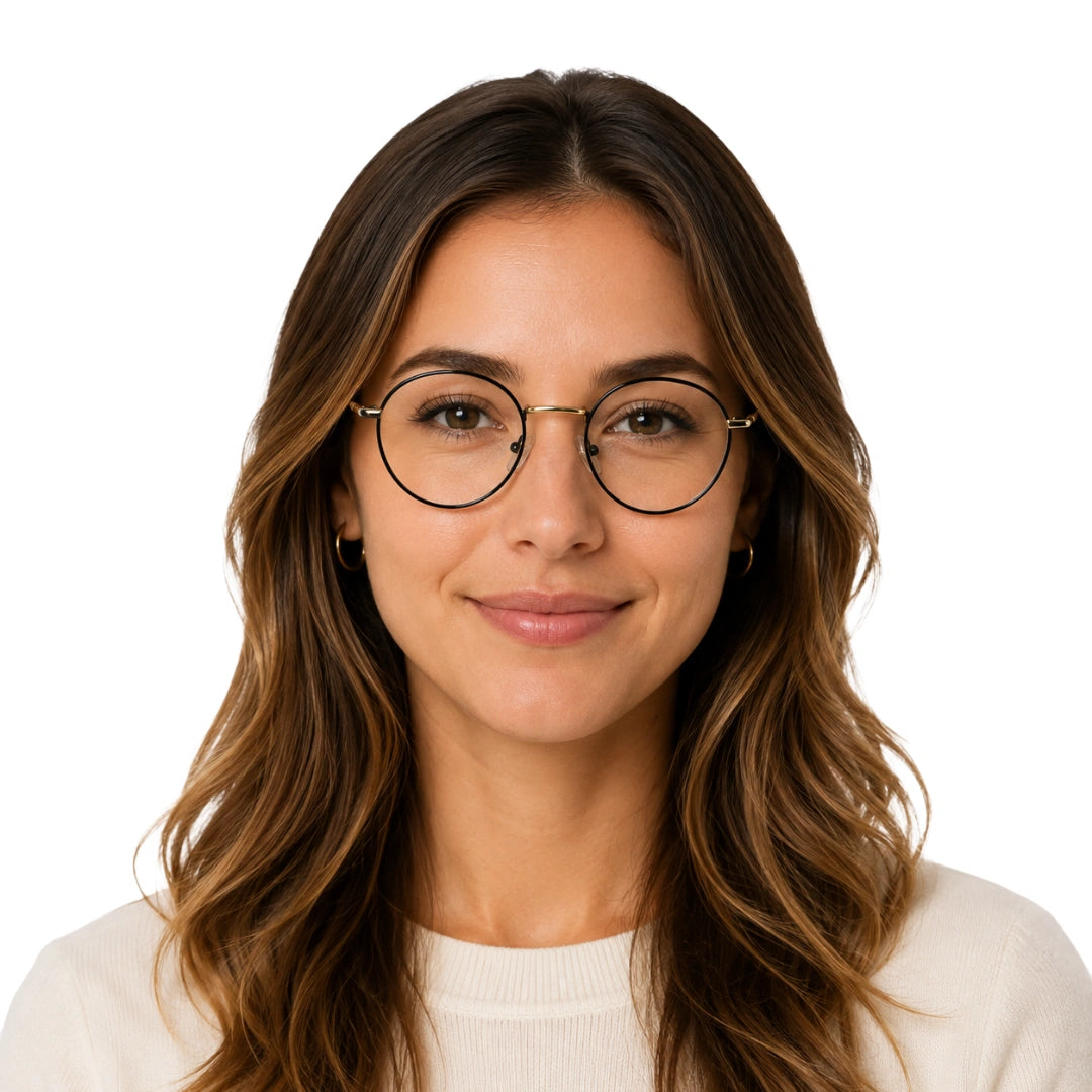 Woman wearing OS GLADIATOR 10002 oval round metal prescription eyeglasses for men and women in black and gold, front view