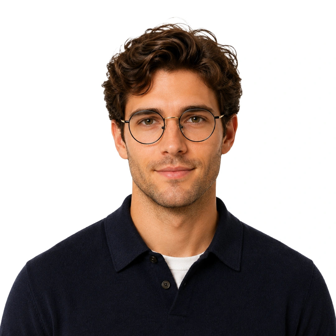Man wearing OS GLADIATOR 10002 oval round metal prescription eyeglasses for men and women in black and gold, front view