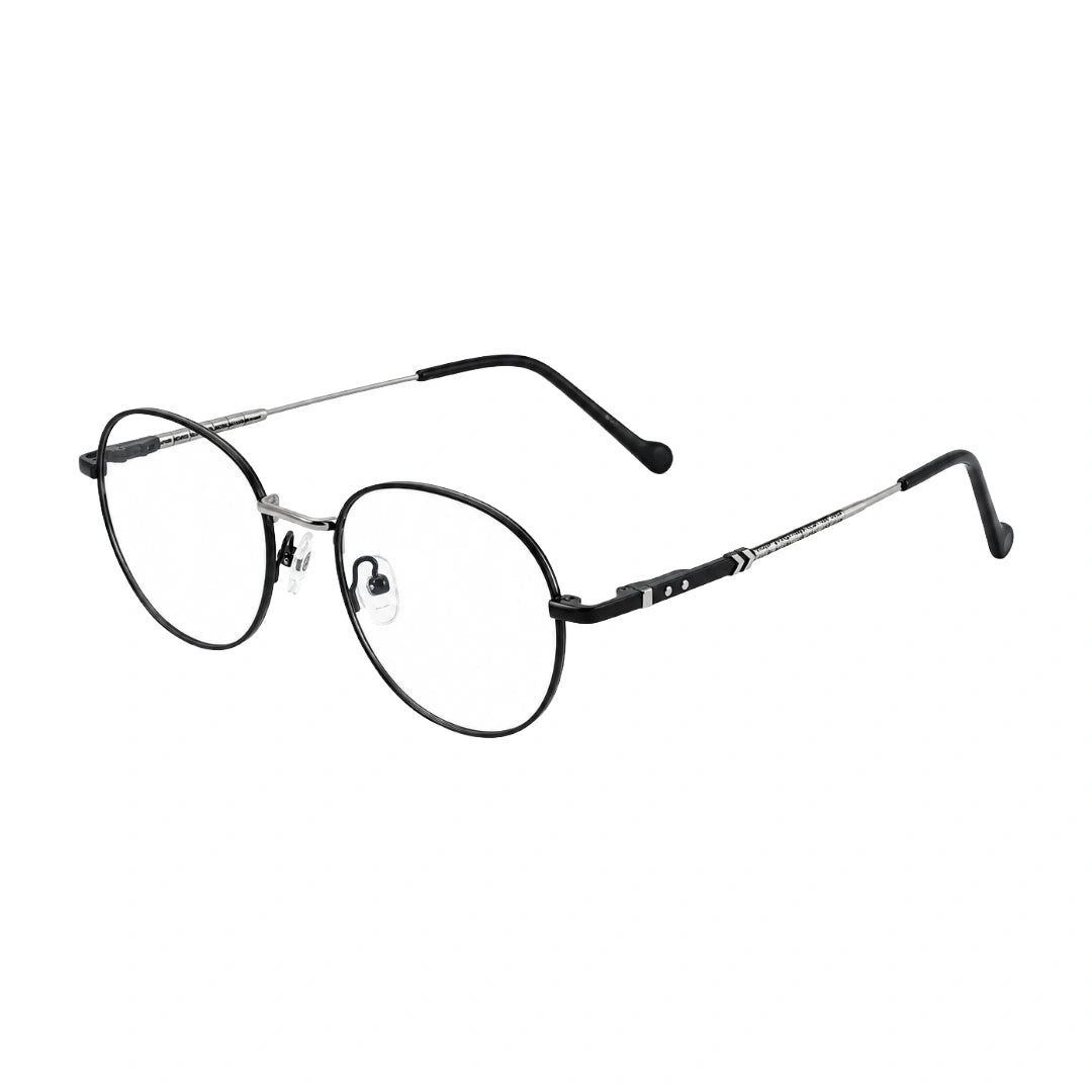OS GLADIATOR 10002 oval round metal prescription eyeglasses for men and women in black and silver, three-quarter angled view