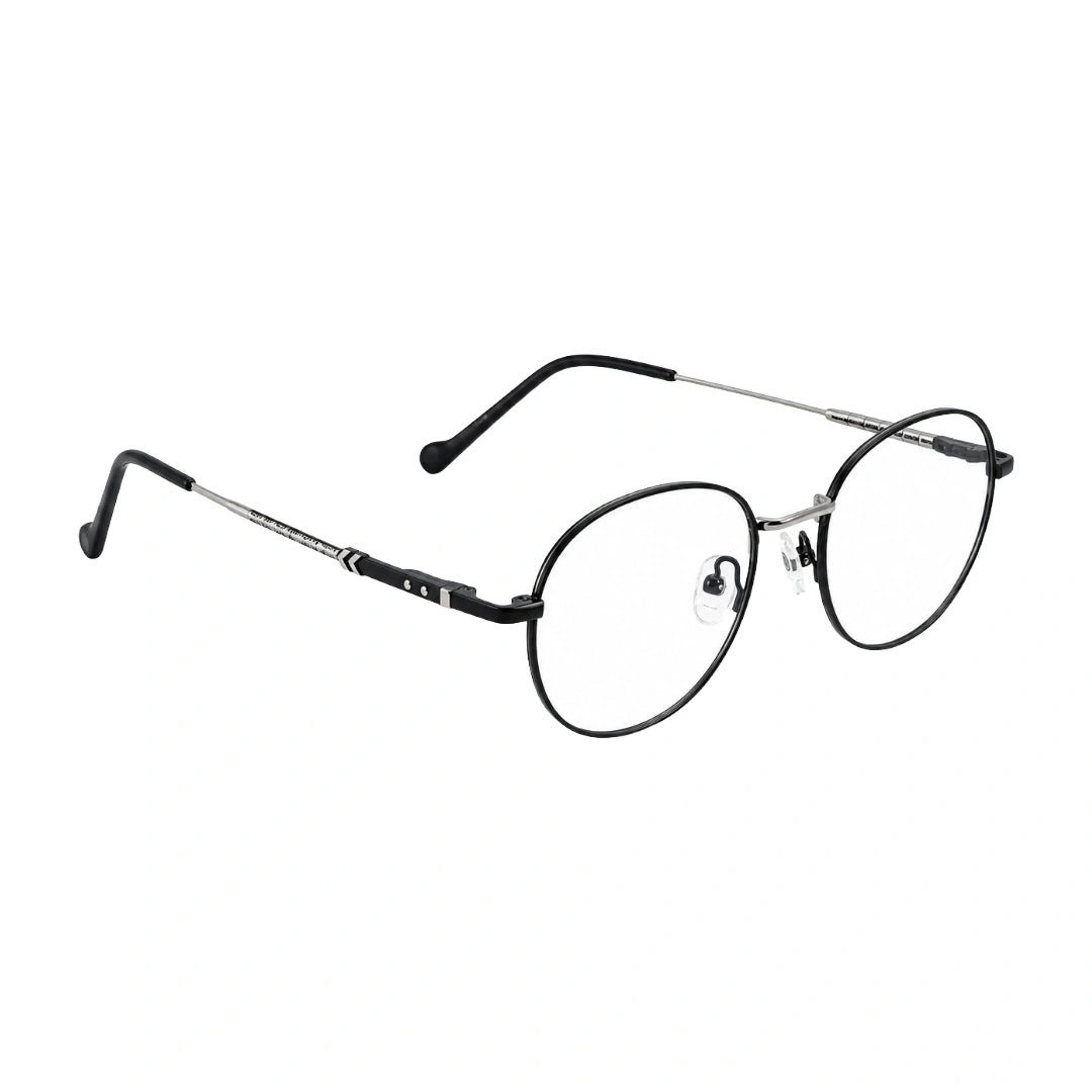 OS GLADIATOR 10002 oval round metal prescription eyeglasses for men and women in black and silver, angled view