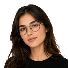 Woman wearing OS GLADIATOR 10002 oval round metal prescription eyeglasses for men and women in black and silver