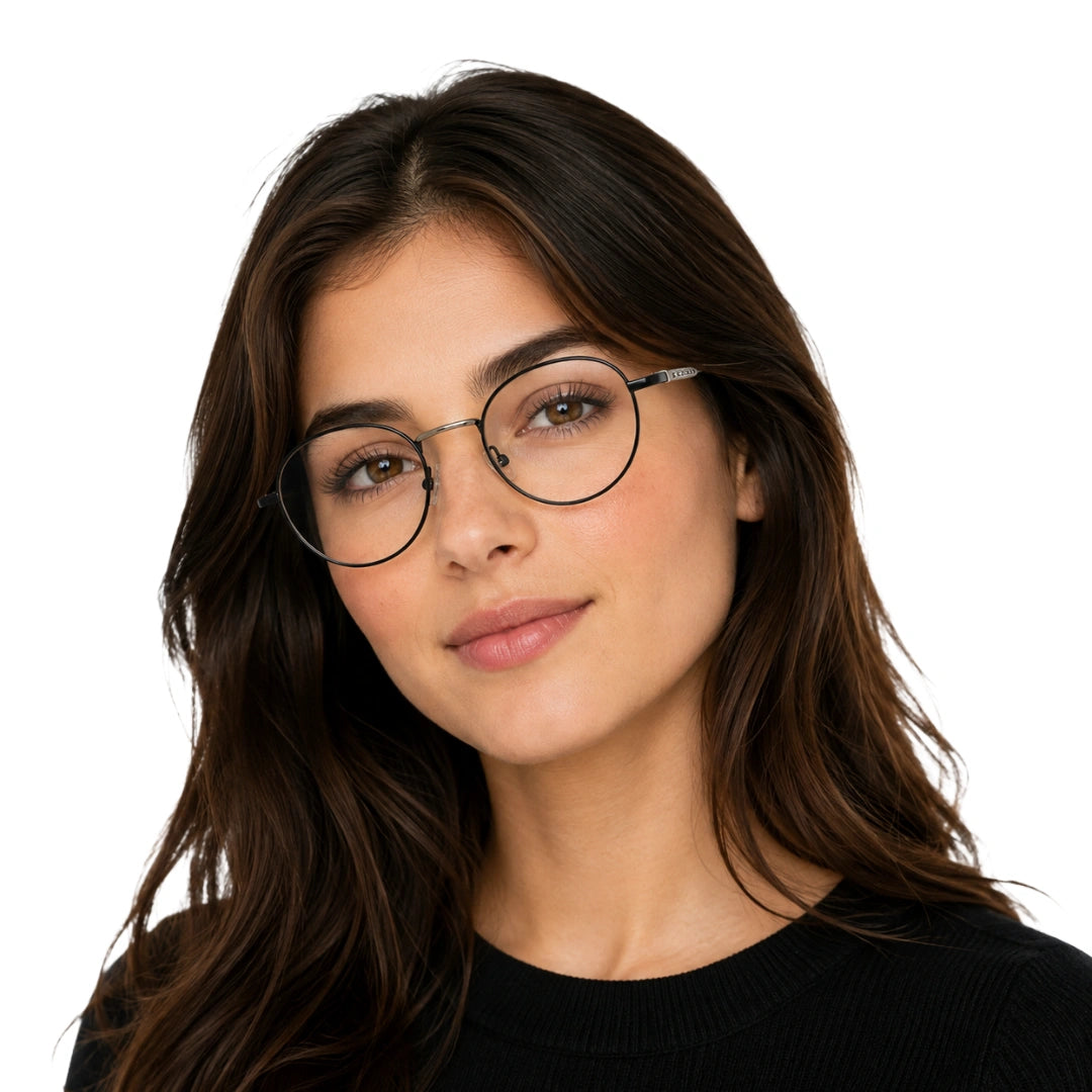 Woman wearing OS GLADIATOR 10002 oval round metal prescription eyeglasses for men and women in black and silver