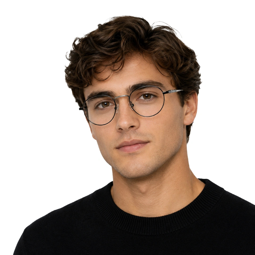 Man wearing OS GLADIATOR 10002 oval round metal prescription eyeglasses for men and women in black and silver