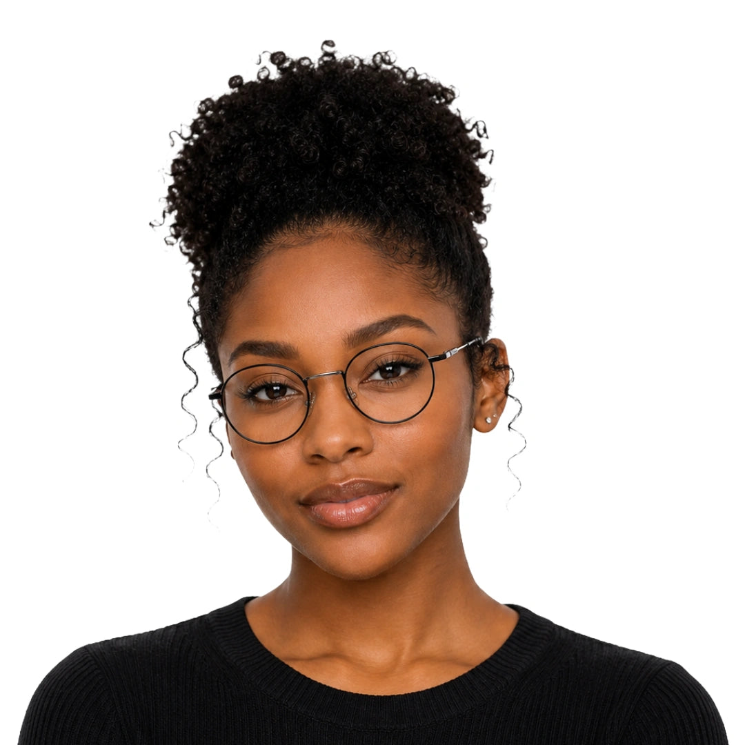 Woman wearing OS GLADIATOR 10002 oval round metal prescription eyeglasses for men and women in black and silver, front view