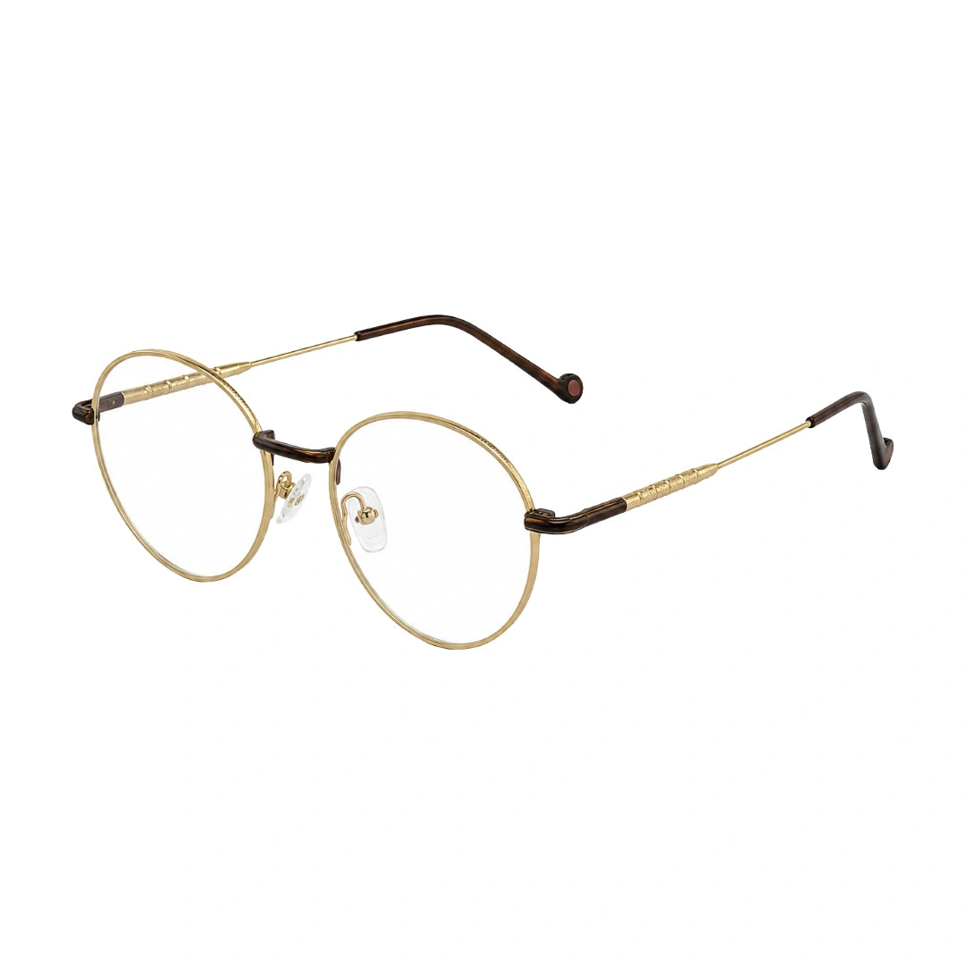 OS GLADIATOR 10002 oval round metal prescription eyeglasses for men and women in brown and gold, three-quarter angled view