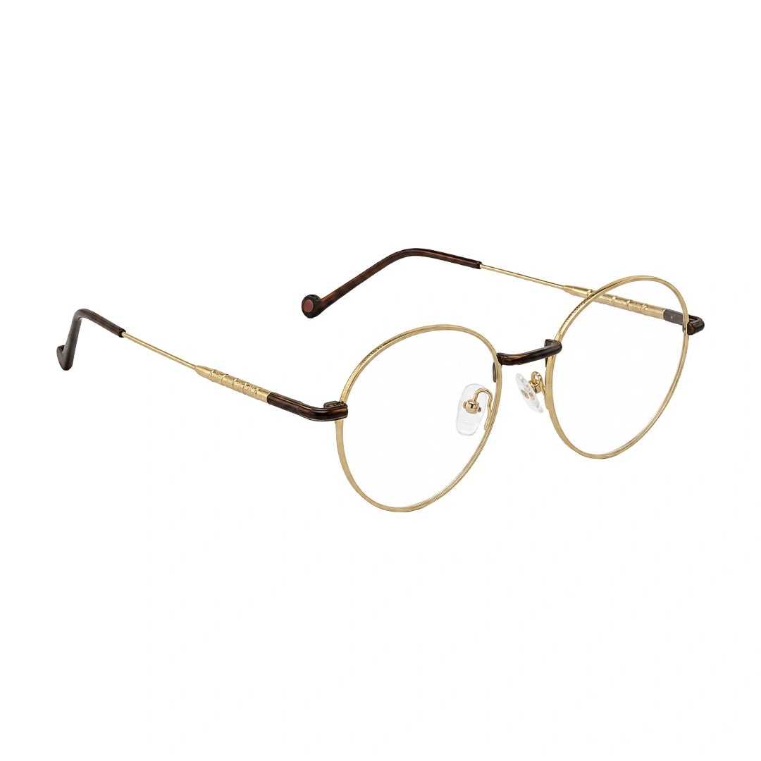 OS GLADIATOR 10002 oval round metal prescription eyeglasses for men and women in brown and gold, angled view