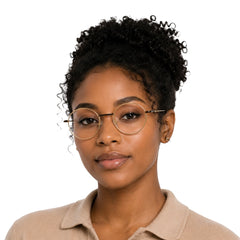 Woman wearing OS GLADIATOR 10002 oval round metal prescription eyeglasses for men and women in brown and gold