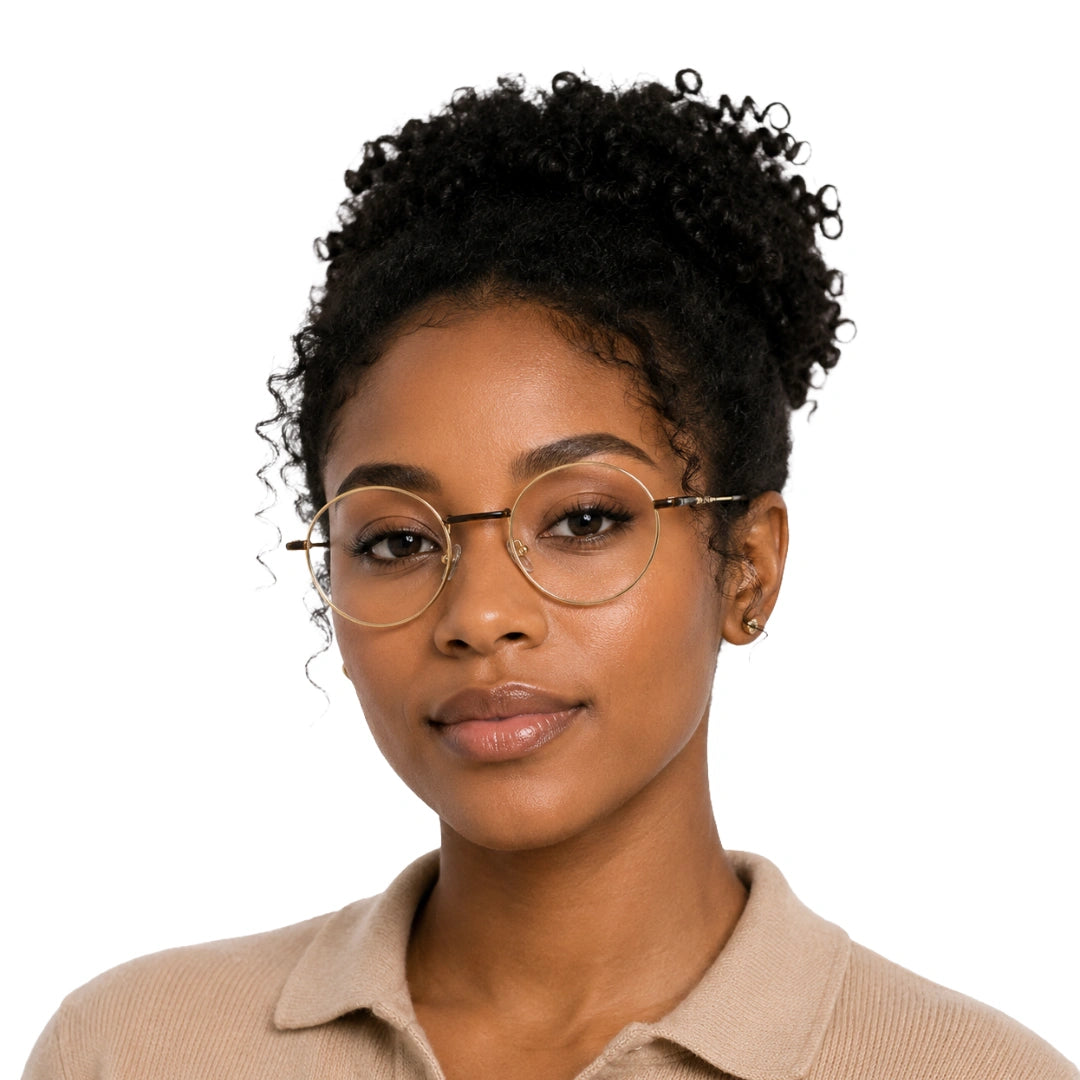 Woman wearing OS GLADIATOR 10002 oval round metal prescription eyeglasses for men and women in brown and gold