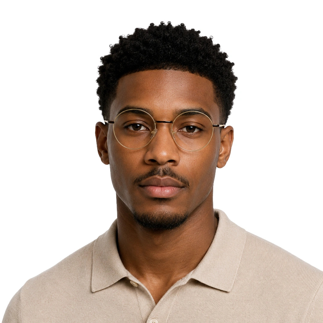 Man wearing OS GLADIATOR 10002 oval round metal prescription eyeglasses for men and women in brown and gold
