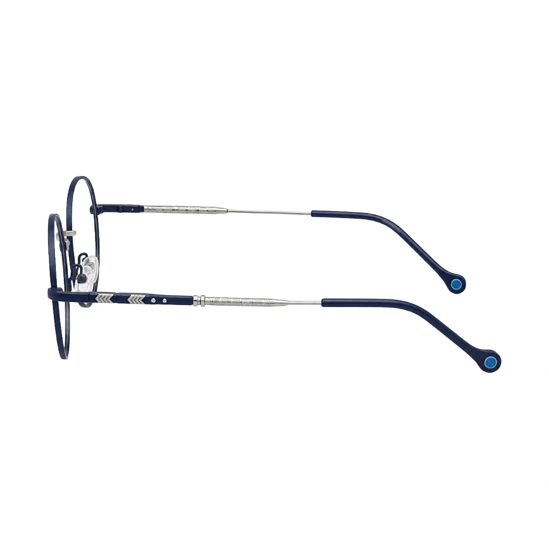 OS GLADIATOR 10002 oval round metal prescription eyeglasses for men and women in silver and blue, side profile view