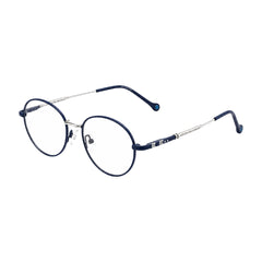 OS GLADIATOR 10002 oval round metal prescription eyeglasses for men and women in silver and blue, three-quarter angled view