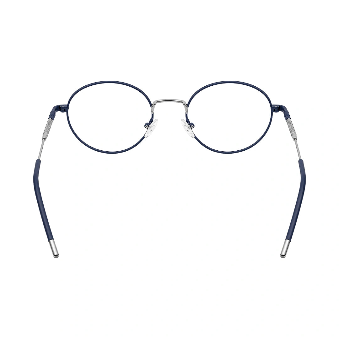 OS GLADIATOR 10002 oval round metal prescription eyeglasses for men and women in silver and blue, rear view