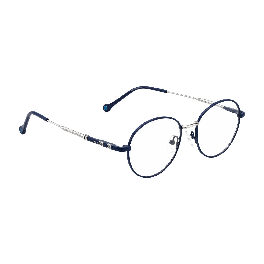 OS GLADIATOR 10002 oval round metal prescription eyeglasses for men and women in silver and blue, angled view
