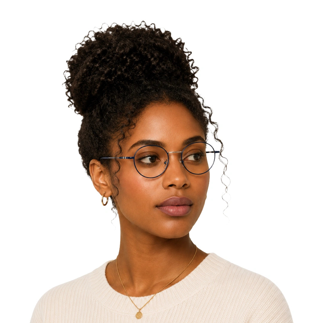 Woman wearing OS GLADIATOR 10002 oval round metal prescription eyeglasses for men and women in silver and blue