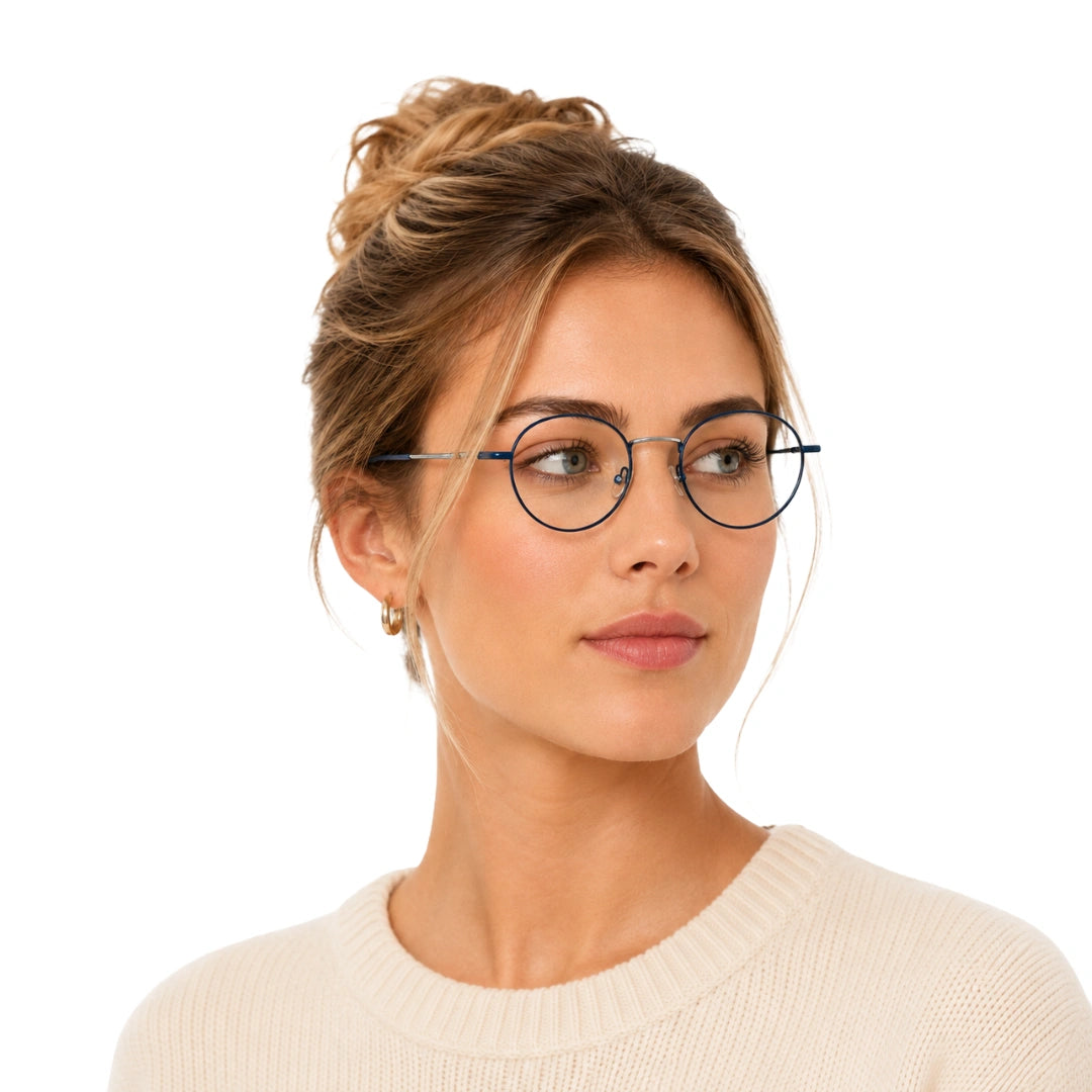 Woman wearing OS GLADIATOR 10002 oval round metal prescription eyeglasses for men and women in silver and blue, front view