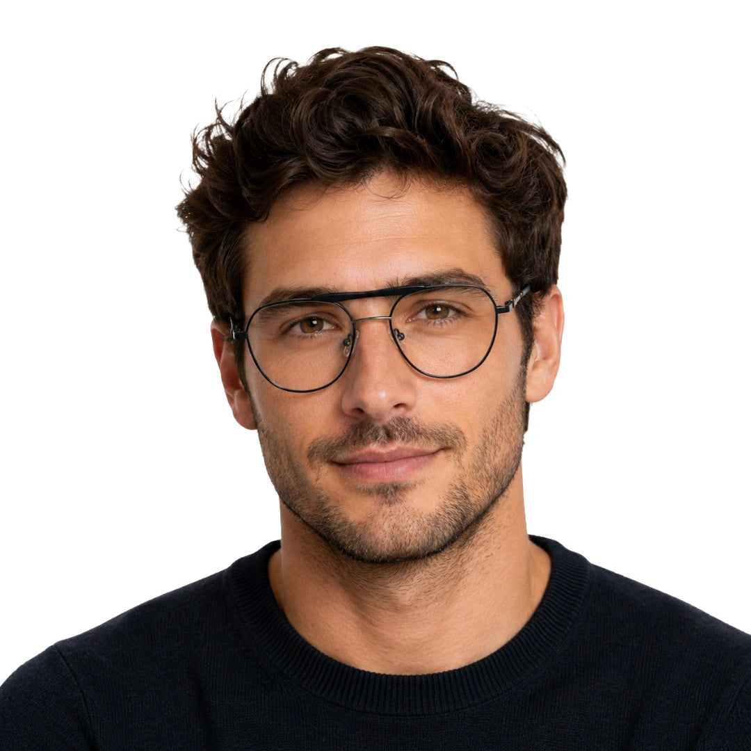 Man wearing OS Gladiator 10003 lightweight double bridge aviator eyeglasses in black, front view