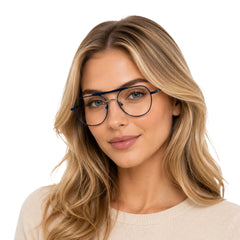 Woman wearing OS Gladiator 10003 lightweight double bridge aviator eyeglasses in blue