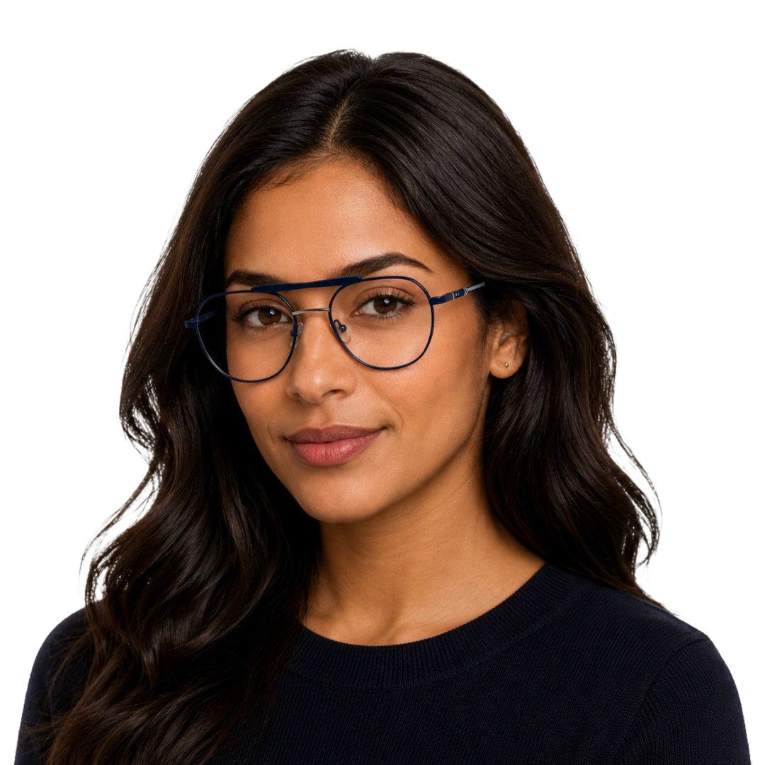 Woman wearing OS Gladiator 10003 lightweight double bridge aviator eyeglasses in blue, front view