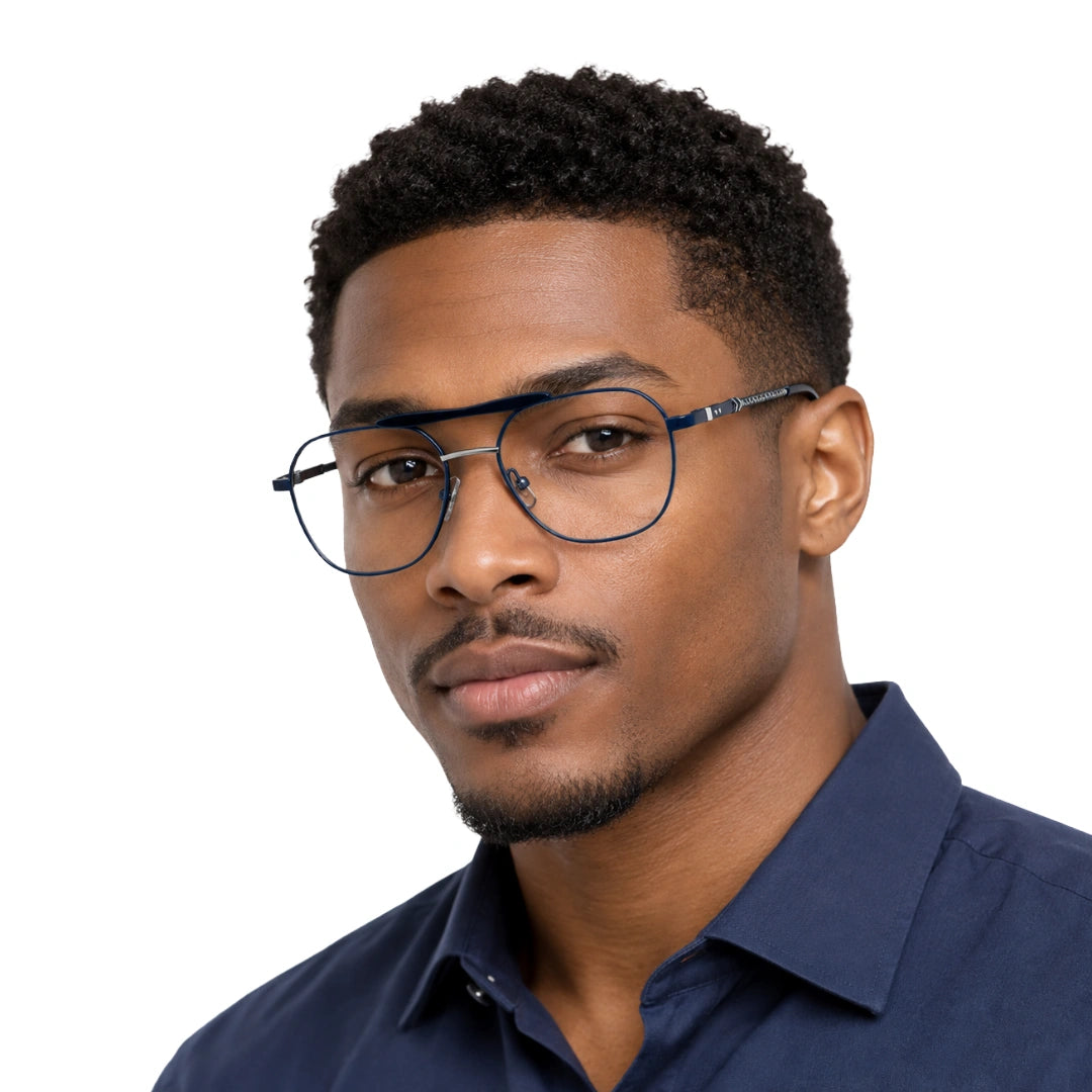 Man wearing OS Gladiator 10003 lightweight double bridge aviator eyeglasses in blue, front view