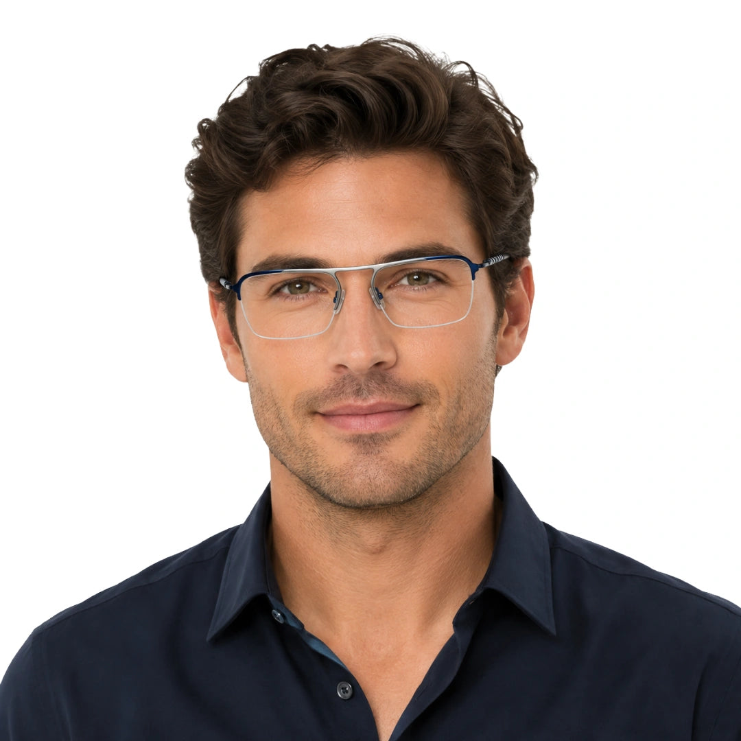 Man wearing OS Gladiator 10012 half-rim rectangular double bridge prescription eyeglasses in silver and blue, front view