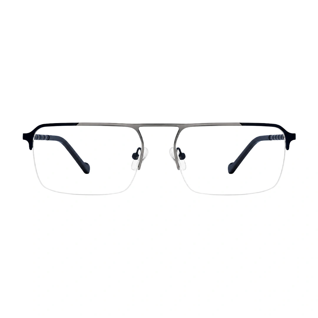 OS Gladiator 10012 half-rim rectangular double bridge prescription eyeglasses in silver and blue, front view