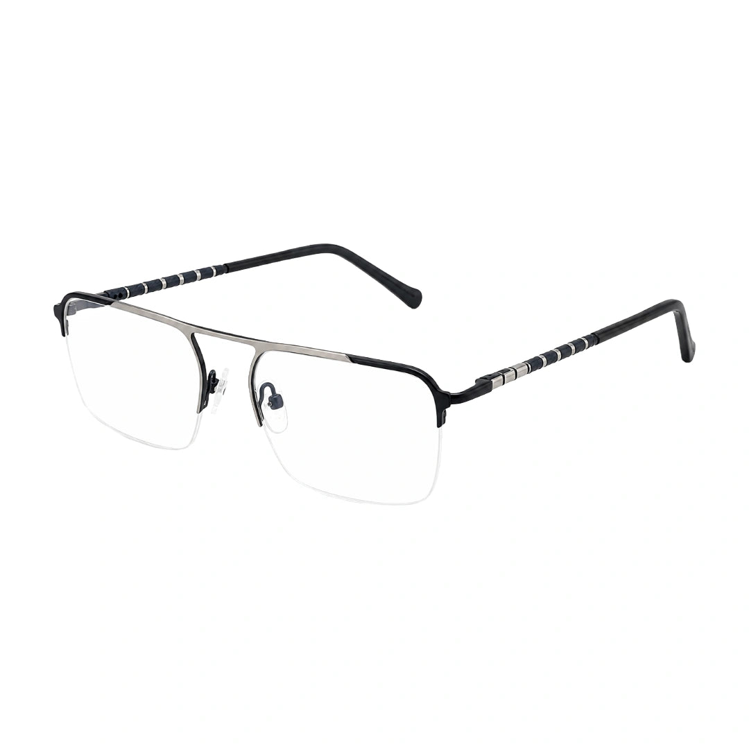 OS Gladiator 10012 half-rim rectangular double bridge prescription eyeglasses in silver and blue, three-quarter angled view