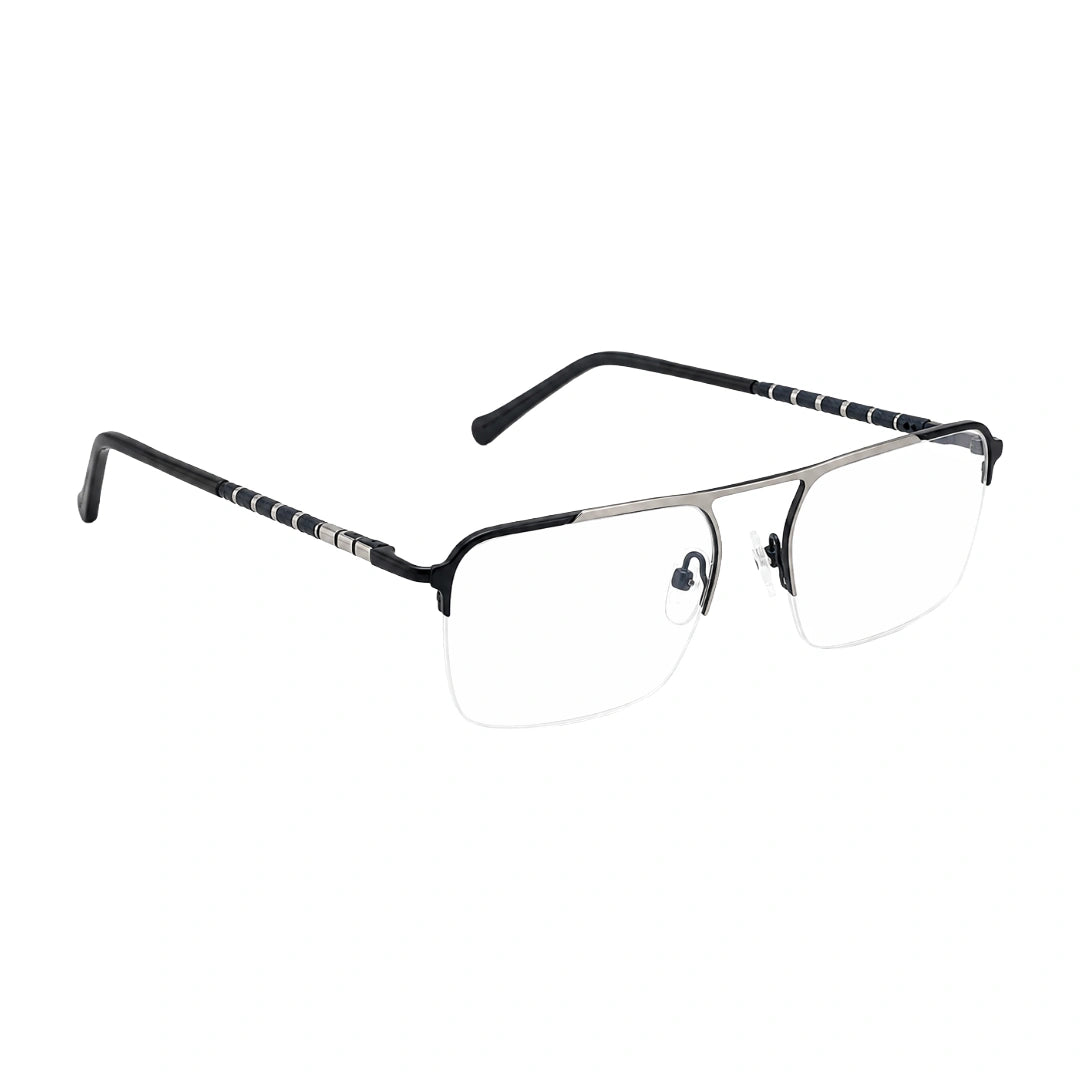 OS Gladiator 10012 half-rim rectangular double bridge prescription eyeglasses in silver and blue, angled view
