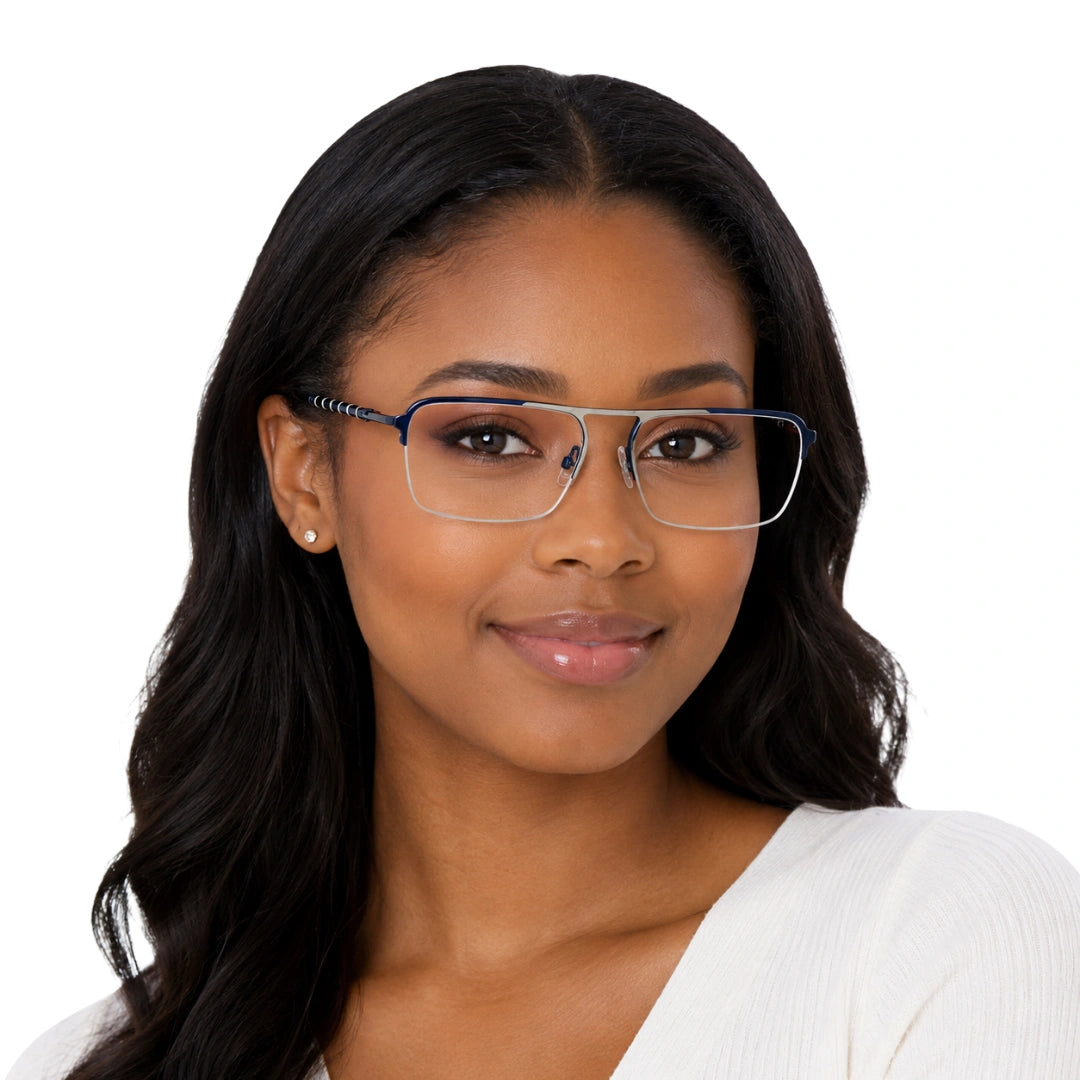 Woman wearing OS Gladiator 10012 half-rim rectangular double bridge prescription eyeglasses in silver and blue