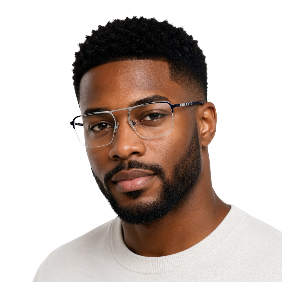Man wearing OS Gladiator 10012 half-rim rectangular double bridge prescription eyeglasses in silver and blue