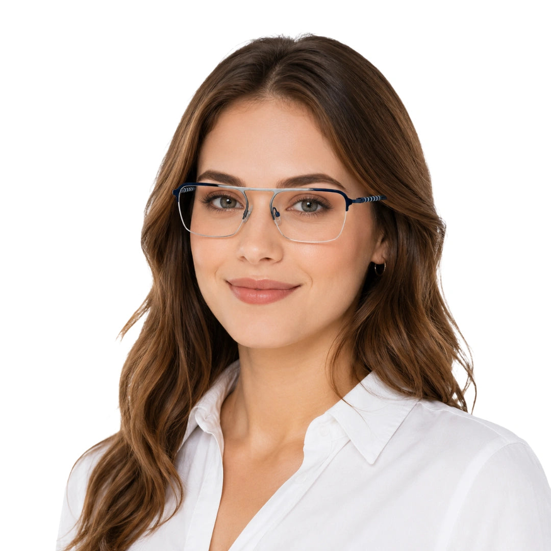 Woman wearing OS Gladiator 10012 half-rim rectangular double bridge prescription eyeglasses in silver and blue, front view