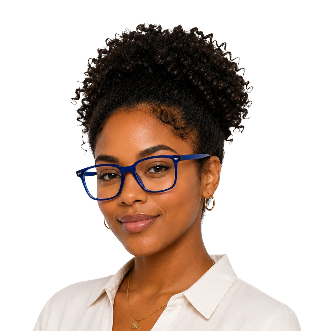Woman wearing OS JJ FRAME 3238 lightweight square eyeglasses for men and women in blue